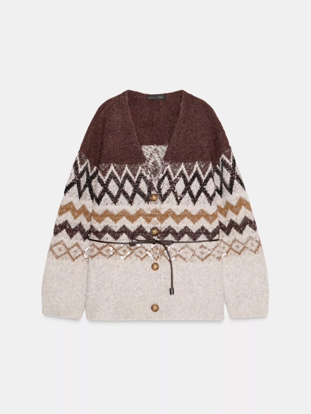Zara Brown Ivory Patterned Knit Oversized Cardigan
